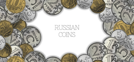 Vector financial poster. Change coins of Russia, halftone effect. Wide economic banner. Small ones money of Russian Federation. Sample or template. 1, 2, 5, 10 and 50 kopecks and rubles