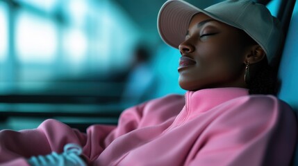 A serene portrait of a woman peacefully napping in an airport lounge, highlighting the need for rest amidst the hustle and bustle of travel.