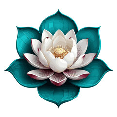 Beautiful decorative lotus flower with vibrant petals and detailed leaves on a white background