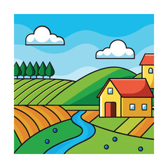 Cartoon Countryside Landscape with River and Farmland Houses

