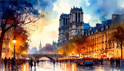 Fototapeta premium Modern city scene in watercolor style showing a peaceful urban street with tall glass buildings, warm light reflections, and silhouettes of walking people. A minimal yet vibrant cityscape illustration