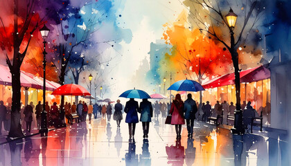 Modern city scene in watercolor style showing a peaceful urban street with tall glass buildings, warm light reflections, and silhouettes of walking people. A minimal yet vibrant cityscape illustration