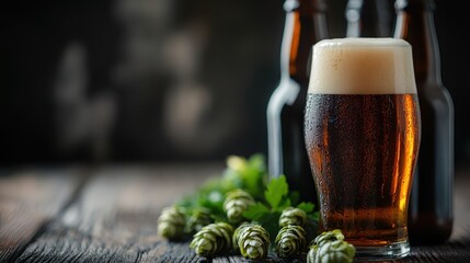 This refreshing image features a glass of beer, surrounded by hops and bottles, capturing the essence of craft brewing and the joy of savoring a cold drink.