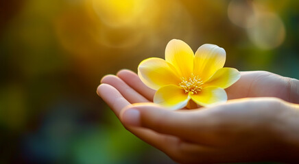 Hands holding a yellow flower on a soft focus background with bokeh lights