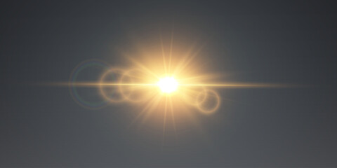 Glowing light effect of explosion. Flash of stars and rays, shine, sparks, lens.