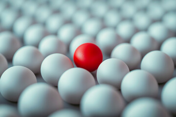 Red ball stands out from the group of white balls. The concept of diversity and individuality 