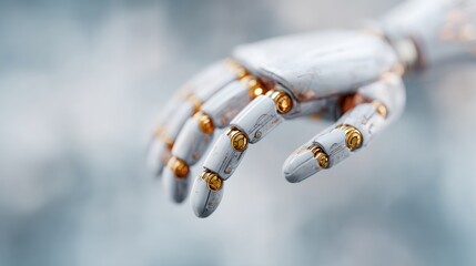 A robotic hand with gold buttons on it