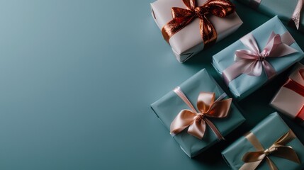 A stunning collection of elegantly wrapped gift boxes, adorned with vibrant ribbons, arranged artfully on a beautiful teal background, perfect for festive occasions and celebrations.