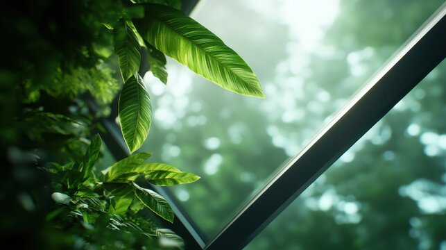 This image captures vibrant green leaves illuminated by soft sunlight filtering through glass, creating a serene atmosphere reminiscent of nature indoors and peaceful moments. - Powered by Adobe