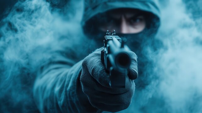 This intense image presents a hooded figure pointing a gun through thick fog, creating a dramatic and suspenseful atmosphere that invokes feelings of fear and tension. - Powered by Adobe