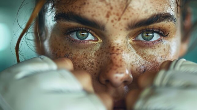 This intense close-up showcases a determined female fighter's face, highlighting her fierce expression and readiness, with freckles and boxing gloves representing strength and resilience.