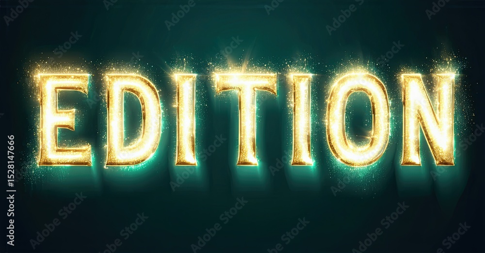 Aufkleber Golden text spelling EDITION glows brightly against dark teal background. Sparkles enhance luminous effect, creating dramatic visual.