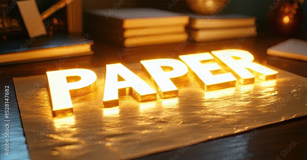 Poster illuminated word paper rests upon textured surface. books visible background, warm lighting creates 