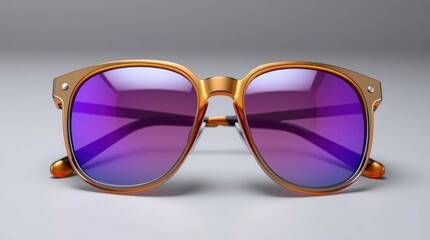 Closeup of goldframed sunglasses with purple lenses on a light gray surface