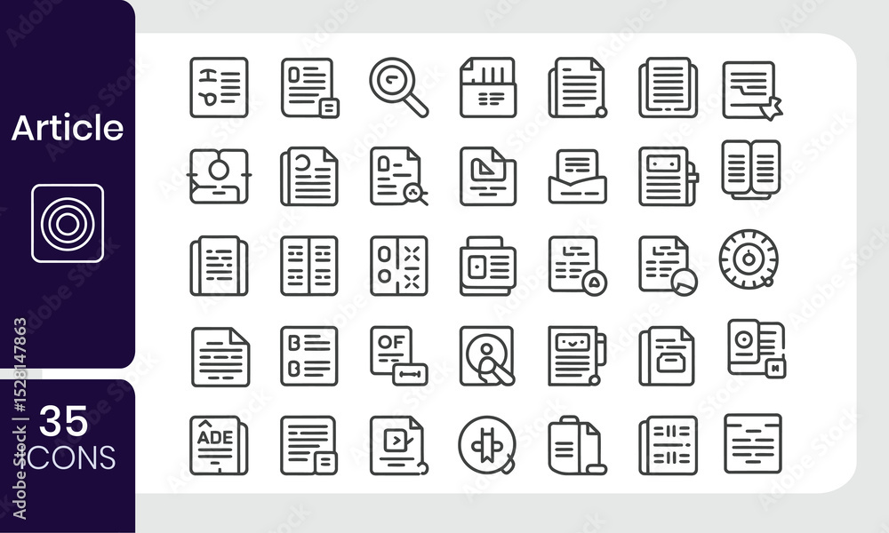 Poster collection of article icons in minimalistic outline style for modern design concepts