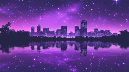 Purple night cityscape reflected in calm water.
