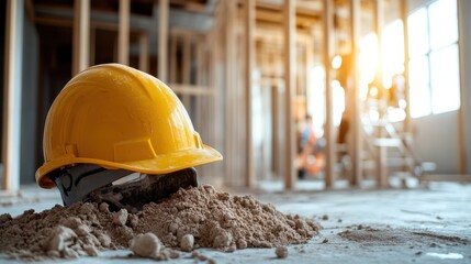 A bright yellow construction helmet resting on a mound of coarse building material, symbolizing progress and ambition in the construction industry amidst an active workspace.