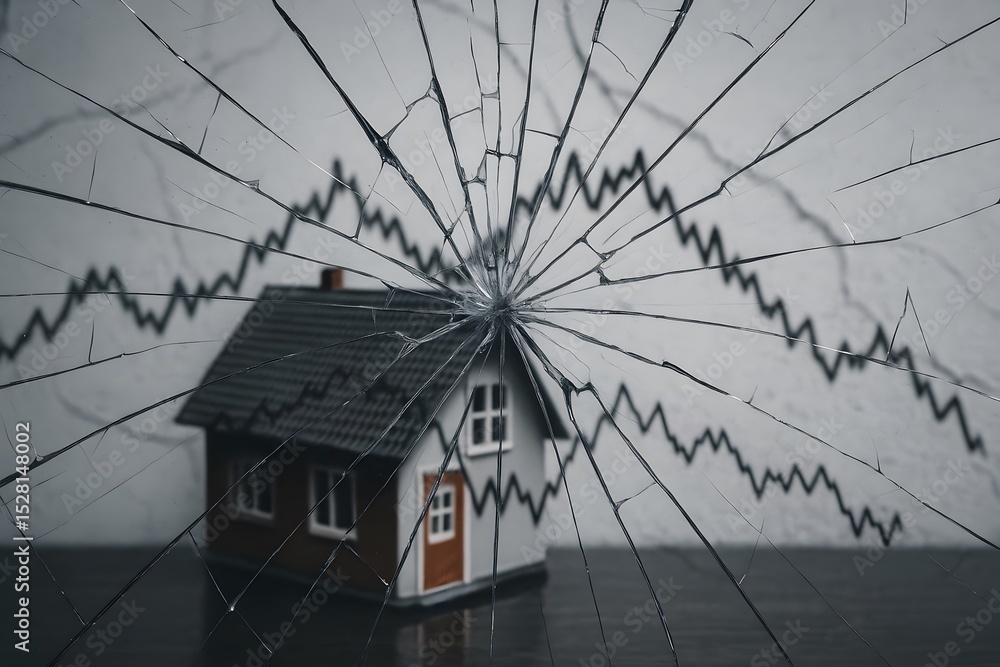 Poster broken glass with house model and declining graph background