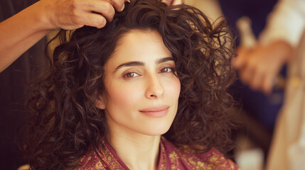 Fototapeta premium gorgeous Middle Eastern woman in her 30's getting a soft curl treatment