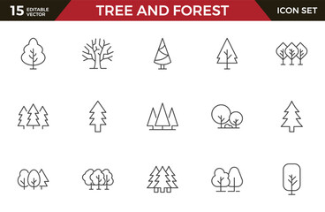 Set of Tree and Forest Line Icon Bundle. Modern Collection for Design, Web Sites, Apps, Cards. Contains Linear Images of Deciduous and Coniferous Trees.