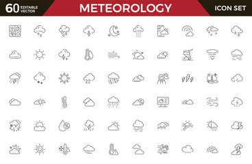 Set of outline icons related to weather. Linear icon collection. Editable stroke. Vector illustration.