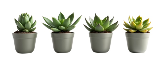 A set of four different types of succulents in a gray pot.