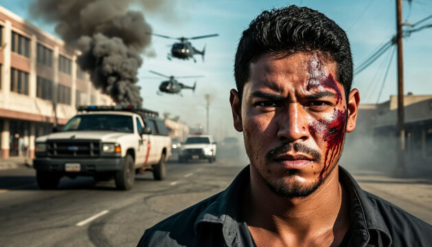 American man separatist against the backdrop of a burning city in California. Generated by AI.