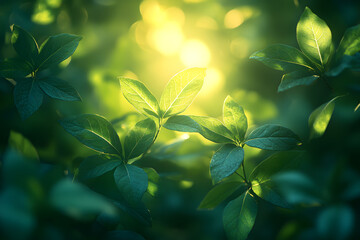 Sunlit Foliage: A close-up view of vibrant green leaves, illuminated by the soft glow of sunlight filtering through, creating a serene and refreshing natural scene.