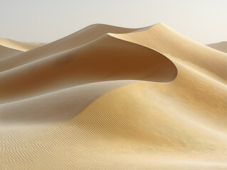Desert Dunes Serenity: Capturing the vastness and tranquil beauty of the desert, showcasing smooth, undulating sand dunes under a clear, soft sky. The scene evokes a sense of peace and timelessness.