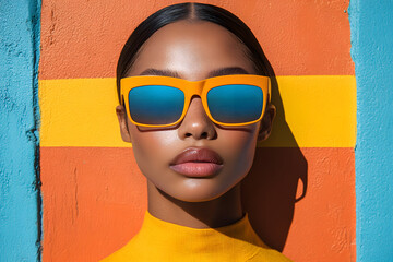 Chic with Shades: A radiant face with radiant skin is set against a vibrant backdrop of orange and blue, wearing stylish shades for a bold fashion statement. 