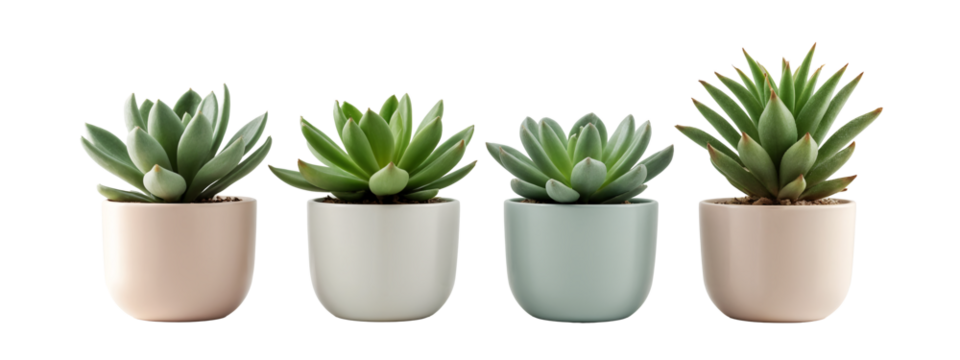 A set of four different colored pots with succulents in them.