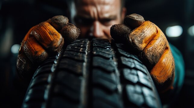 A close-up shot capturing a worker's intense focus while gripping a tire, showcasing the grit and determination often associated with manual labor in automotive work.