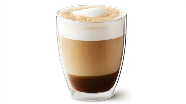 A clear glass cup filled with a layered coffee drink, topped with a dollop of foam, against a white background.