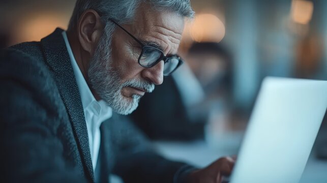 A thoughtful elderly man with silver hair wears glasses as he focuses on his laptop, conveying ideas of concentration, wisdom, and modern technology. - Powered by Adobe