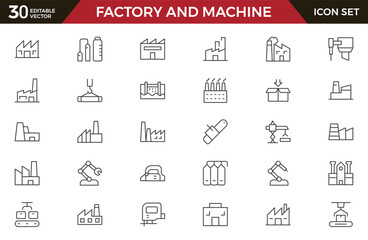 Factory and Machine Icons Collection: A Versatile Set for Industrial Design, Production Workflows, Machinery, Factory Management, and Engineering Solutions.
