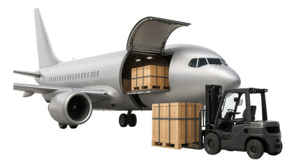 A forklift loads wooden crates into the cargo hold of a large passenger airplane on transparent background.