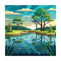 Flat vector wetlands with trees and reflective water