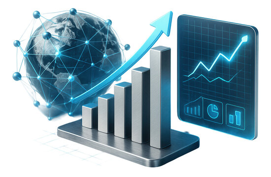 Digital illustration featuring a metallic bar graph, a globe with network connections, and a chart showing upward growth on transparent background.