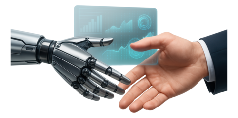 A robotic hand and a human hand reaching towards each other with digital charts displayed above them on transparent background.