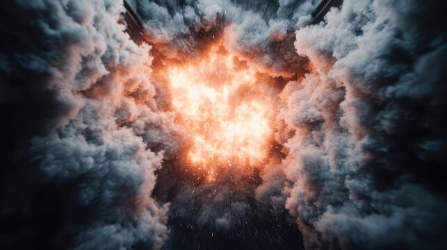 A dramatic and powerful explosion emits bright fiery colors amidst thick dark smoke, capturing a sense of chaos and energy in a compelling visual display.