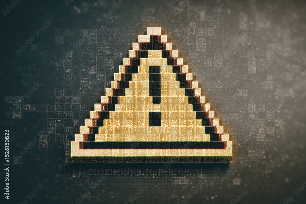 Poster Digital Pixelated Warning Icon With Retro Design Features a Faded Upper Margin Against a Textured Background