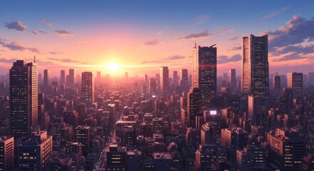 Obraz premium Captivating cityscape panorama at dawn, showcasing modern architecture and radiant sunlight