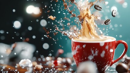 A vibrant red cup experiences a thrilling splash of coffee, with coffee beans and droplets suspended in mid-air, symbolizing energy and freshness in every sip.