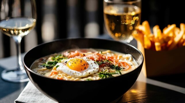 A gourmet bowl of noodles presented elegantly, topped with a perfectly cooked egg and garnished, offering a tantalizing visual feast ideal for food lovers and culinary enthusiasts. - Powered by Adobe