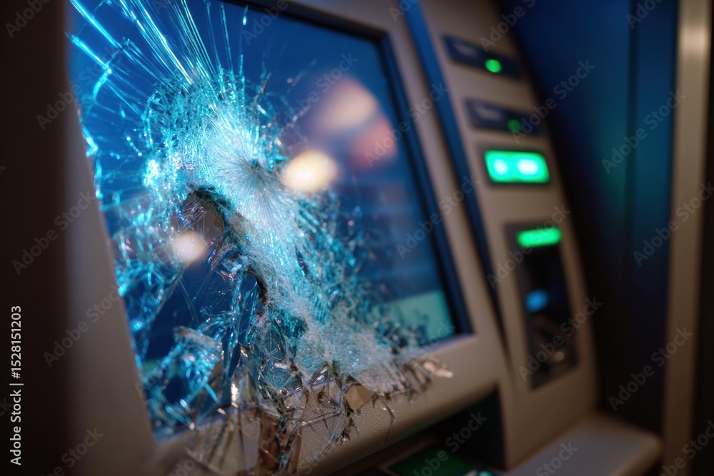 Poster Distorted Touchscreen ATM Displaying Critical Fault Message in Well-Maintained Location