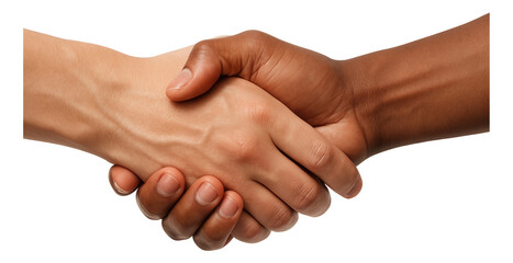 Two individuals of different skin tones are engaged in a firm handshake on transparent background.