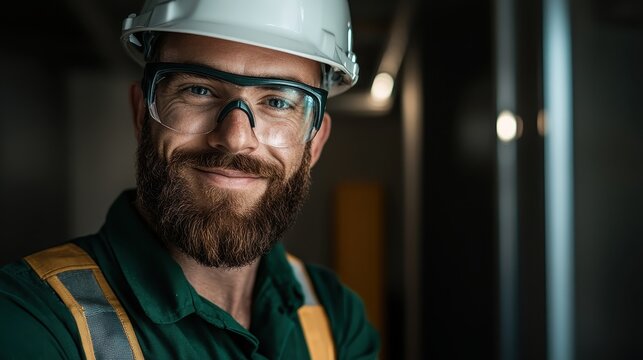 A friendly construction worker with a beard wears safety gear and glasses, emphasizing safety, strength, and dedication in the construction and building industry.
