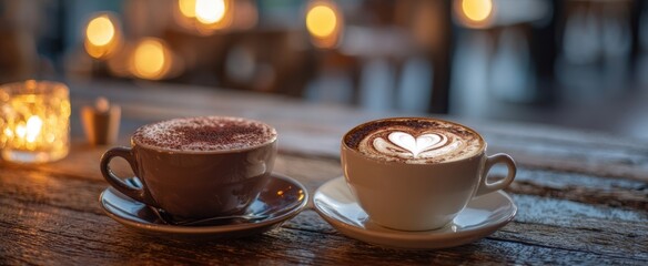 The artistic presentation of coffee cups with heart designs on top.