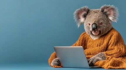 A whimsical image of a koala wearing a cozy sweater and using a laptop presents a humorous take on wildlife blending with technology, portraying creativity and modernity in nature.