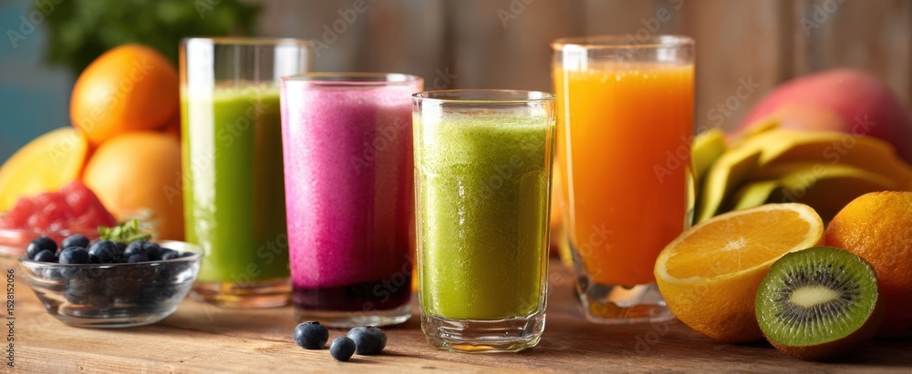 Poster the refreshing array of colorful fruit smoothies on a wooden table.